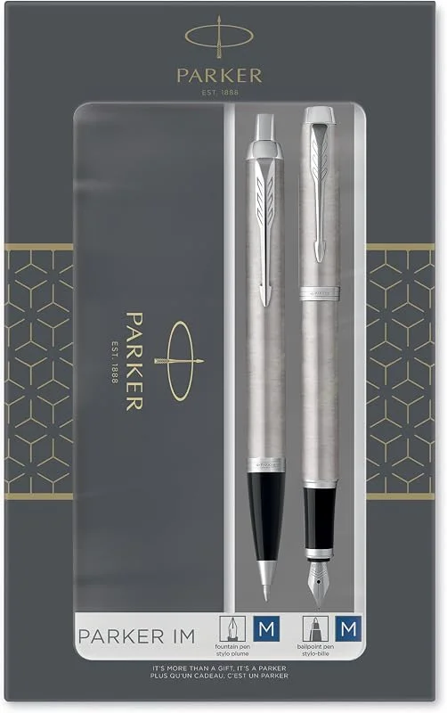 Dúo Parker equipado, IM, Acero inoxidable con detalles cromados, Bolígrafo medio y pluma estilográfica de plumín mediano, Tinta azul — Plumon fino