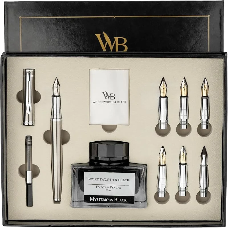 Wordsworth & Black Set Pluma Caligrafía para Escritura, 6 Plumines, Plata — Plumon fino
