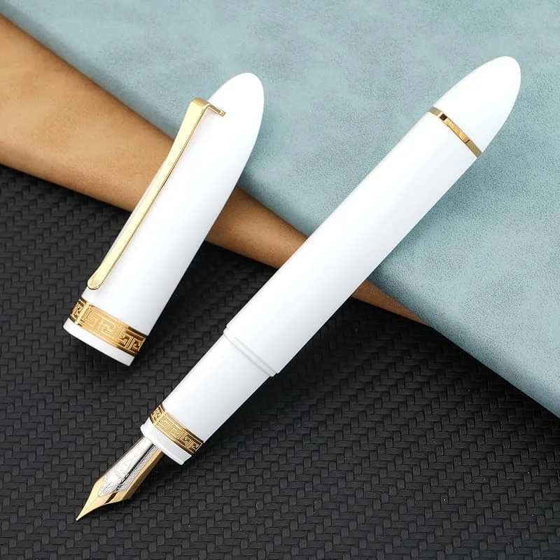 Majohn V60 Pluma estilográfica de piston triangular EF, pluma de resina blanca y dorada para oficina de escritura con caja de regalo — Plumon fino