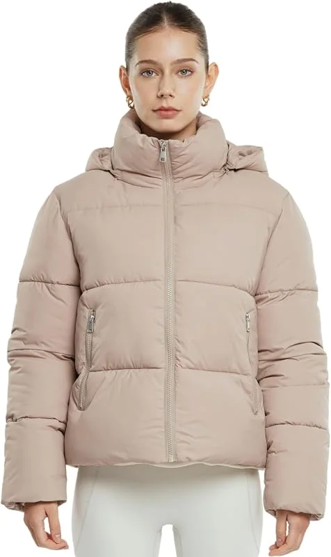 PUFFIT Chaqueta corta acolchada para mujer, chaqueta de invierno cálida con capucha extraíble, bolsillos con cremallera, abrigo corto acolchado para mujer — Plumon fino