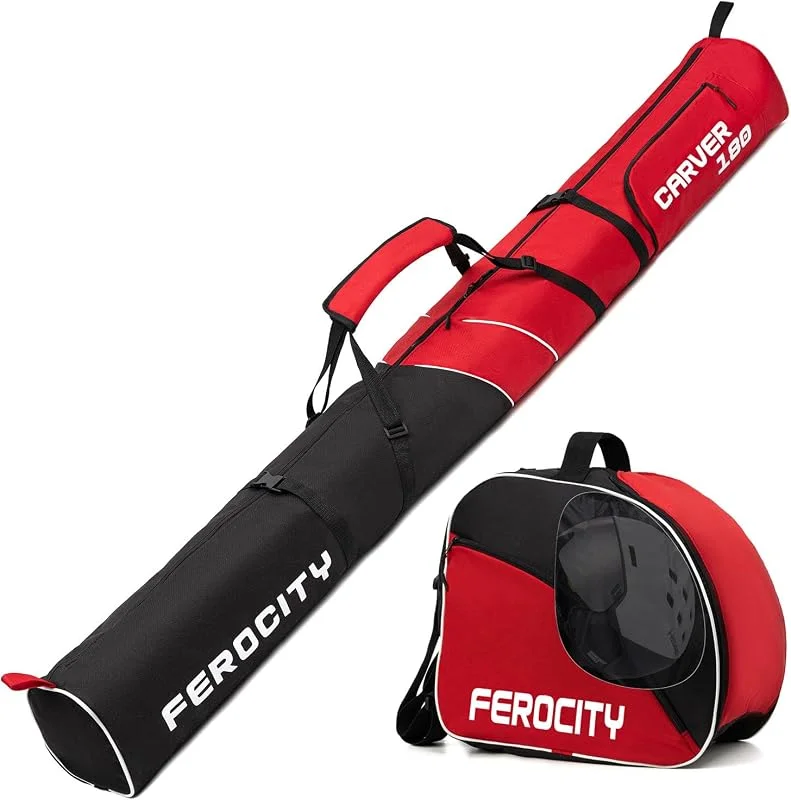 Ferocity Juego Premium de Bolsa para esquíes y Bolsa para Botas de esquí para 1 par de esquíes-Bastones-Zapatos-Casco, 180 cm, con Bolsa de cordón y Bolsillo Lateral [053] — Equipo esqui