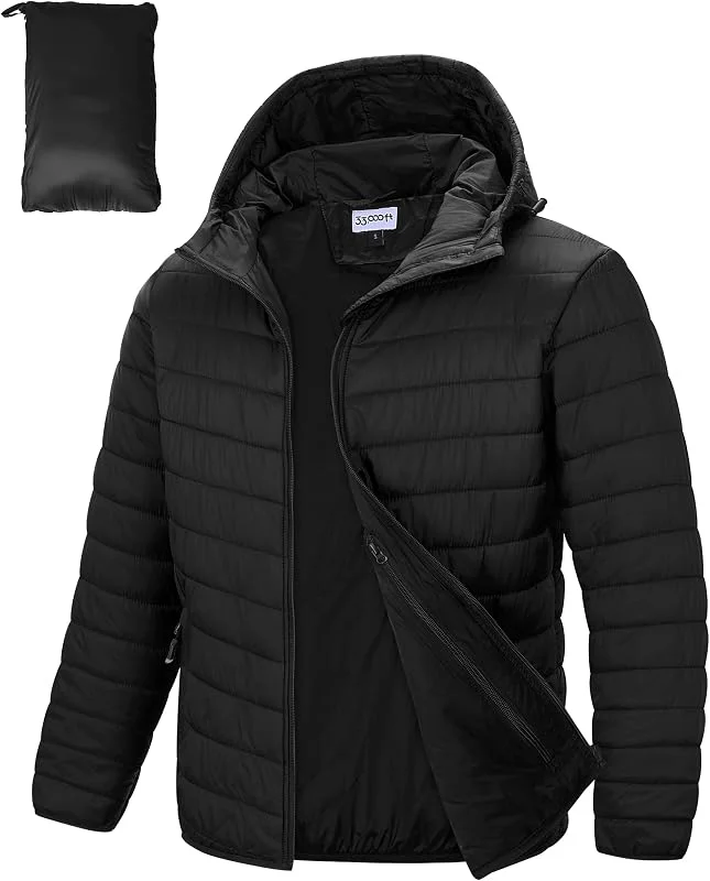 33, 000ft Chaqueta acolchada ligera para hombre, chaqueta de entretiempo resistente al agua, cálida chaqueta de invierno para hombres, con capucha, abrigos de invierno, chaqueta amortiguadora plegable — Plumon fino