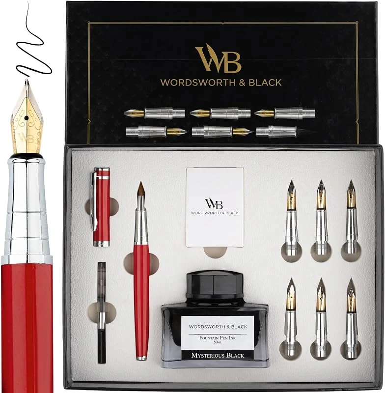 Wordsworth & Black Set Pluma Caligrafía para Escritura, 6 Plumines, Rojo — Plumon fino