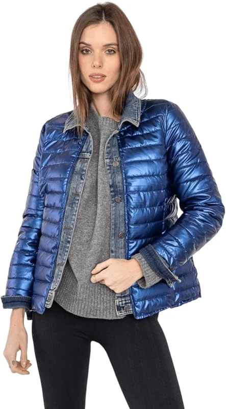 Miro Boho Chic New York 88 Chaqueta Mujer Metalizada Chaqueta Mujer Entretiempo Chaqueta Acolchada Mujer Bimateria Denim y Metalizado Abrigo Mujer Ligero — Plumon fino