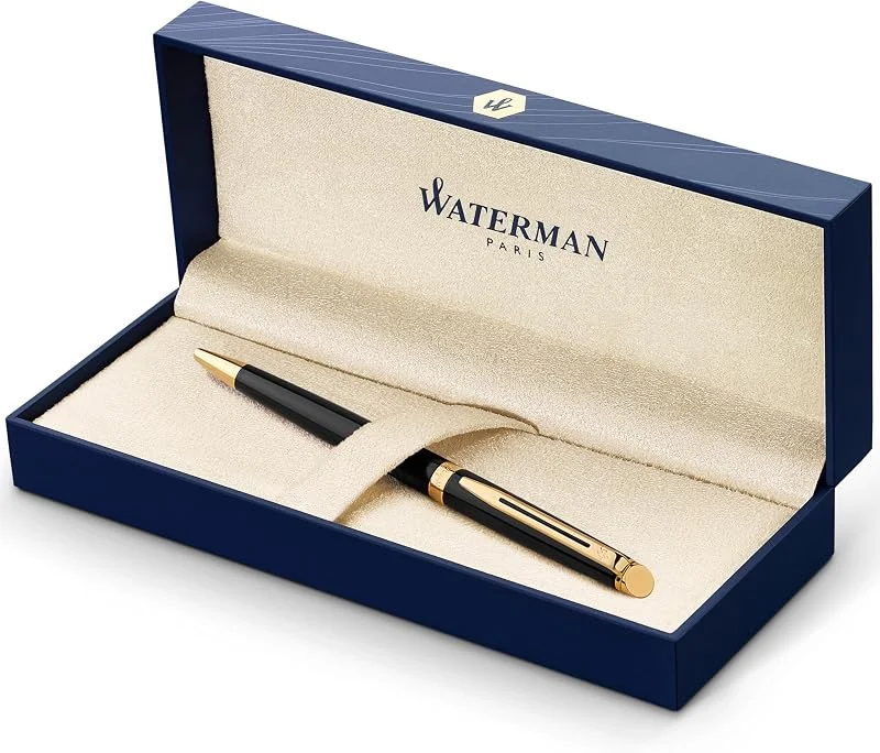 Waterman Hémisphère bolígrafocolor negro brillante con adorno de oro de 23 quilatespunta media con cartucho de tinta azulestuche de regalo — Plumon fino