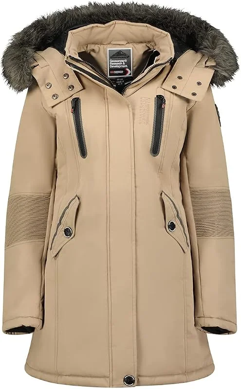 Geographical Norway Coraly Lady - Parka Mujer Otoño Invierno Cálido Medio Grueso - Fino Abrigo De Piel Capucha - Chaqueta A Prueba De Viento - Rego Ide Mujeres Elegantes (Beige M-talla 2) — Plumon fino