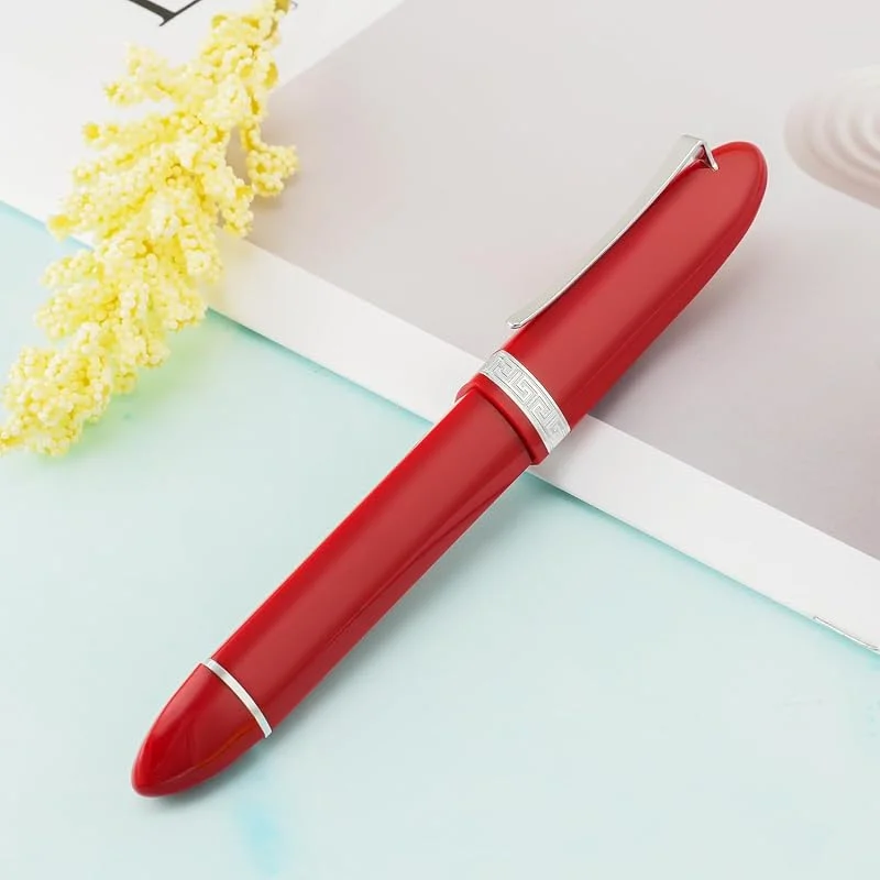 Erofa Majohn V60 Fuente de pluma de inmersión triangular punta extra fina, plata roja de resina pluma de escritorio con caja de regalo — Plumon fino