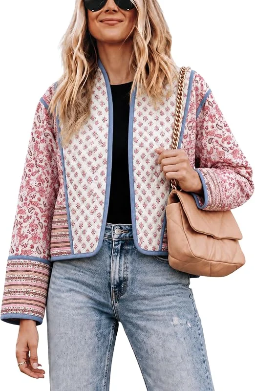 Omoone Chaqueta acolchada reversible para mujer, recortada, con flores, estampada, ligera, parte delantera abierta, acolchada — Plumon fino